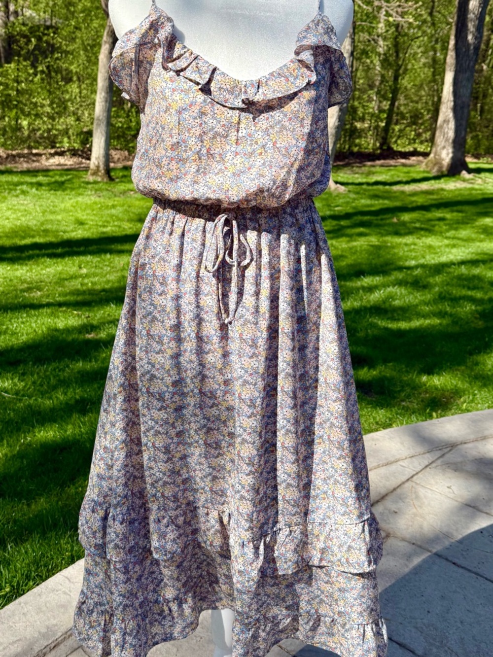 Light Blue Floral Ruffle Boho Midi Dress